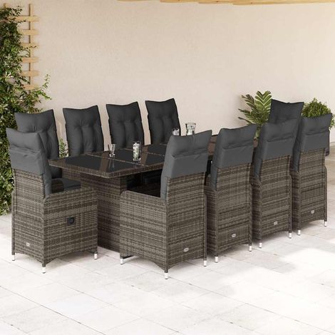 Set de mesa y sillas de jardín 11 pzas y cojines ratán PE gris vidaXL (1/5)