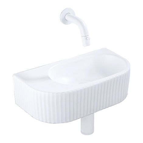 QeramiQ Fuente Ensemble de Lavabo - 40x21.5x12cm - strié - demi-rond - céramique - ensemble de robinet blanc mat - bouchon de vidange - siphon abaissé