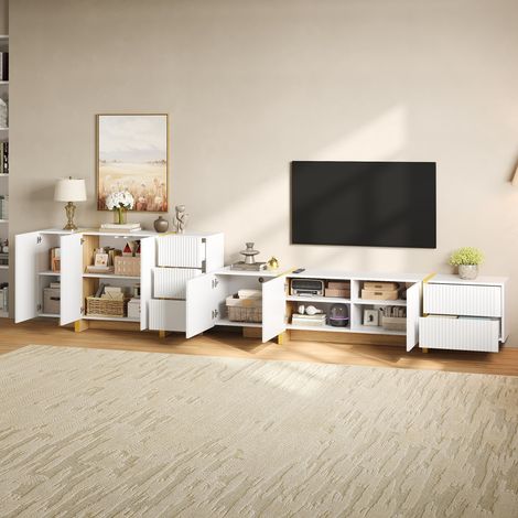 Set di mobili per soggiorno con mobile basso e credenza per TV, mobile contenitore con frontale scanalato, mobile console multimediale, combinazione di pannelli in truciolato e MDF. (1/5)