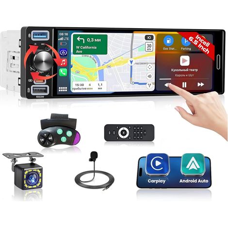 Android Autoradio 1 DIN Stereo Bluetooth Compatible avec Wireless CarPlay Android Auto, 6,5 Incell Pouces Écran Tactile Lecteur Radio RDS FM AM Recharge Rapide Microphone Caméra pour Voiture (1/5)