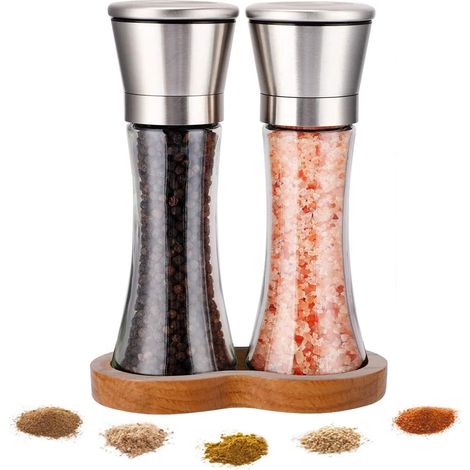 Moulin à épices avec plateau, moulin à poivre avec mécanisme de réglage de la finesse - Moulin à sel et poivre en acier inoxydable, 2 pièces par set, pour épices, poivre, sel et chili (1/5)