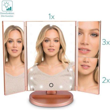 Miroir Lumineux LED 3 Faces à Poser - Miroir Maquillage Triptyque Pliable sur Pied avec Effet Grossissant x2 x3 - Pile ou USB - Rose doré (1/4)