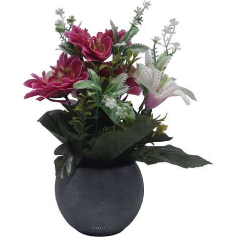 Pot Boule Béton pour Tombe de Dahlia, Lys et mini fleurs Rose fushia artificiels - Toussaint - couleur: Rose fushia 730