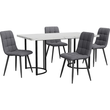 Ensemble salle à manger 5 pièces avec table 140x80 cm en MDF blanc et 4 chaises en lin gris foncé à pieds métal noirs (1/5)