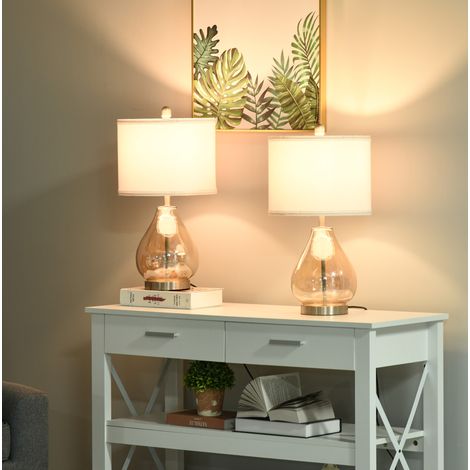 Lot de 2 lampes de chevet E27, 40W, verre ambre, lin et acier, Ø30 x 56 cm (1/5)