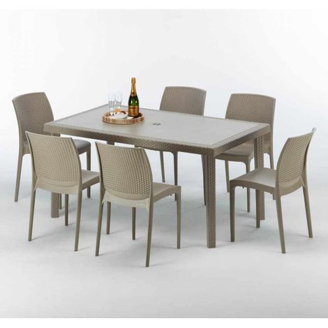 Polyrattan Tisch Rechteckig mit 6 Bunten Stühlen 150x90 Beige Marion