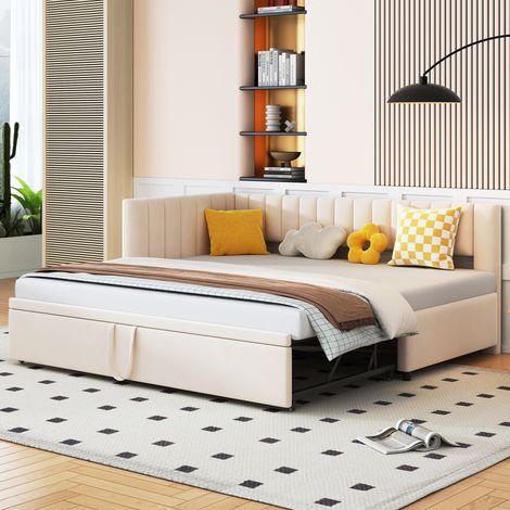 Canape convertible 90x200 lit gigogne velours beige HAVRYA (1/5)