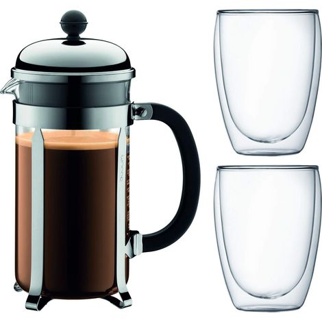 Cafetière à piston, 8 tasses, 1.0 l, et 2 verres double paroi 0.35 l