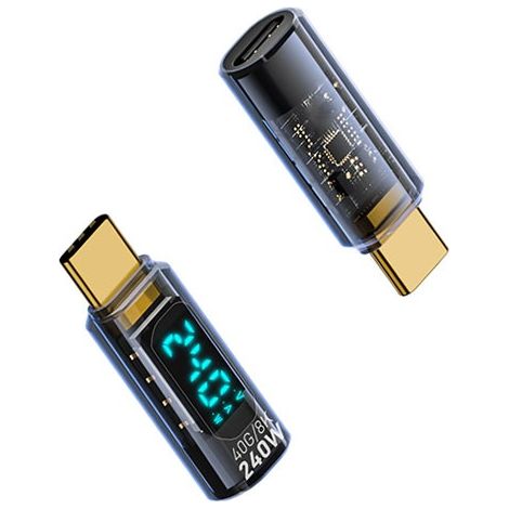 Adaptateur USB-C Mâle vers USB-C Femelle 240W avec Affichage Numérique - Noir Transparent (Lot de 2) (1/5)