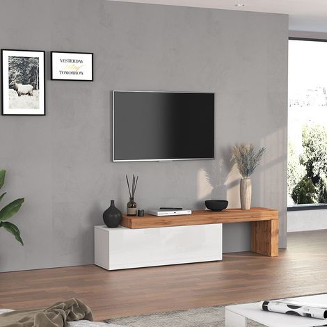 Meuble TV extensible 180/290 cm blanc brillant/chêne wotan Neros (1/5)