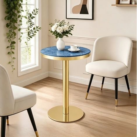 Table basse ronde 60 cm en MDF, effet marbre bleu, bord doré, structure métallique, OKMYHOME (1/5)