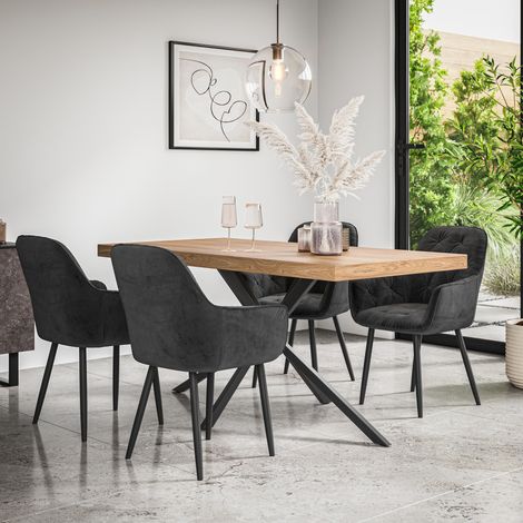 Donni Dining Table And Chairs - Oak Effect Table Top w Black Legs + Anika Velvet Dining Chair Set Of 6 (Black) (1/5)