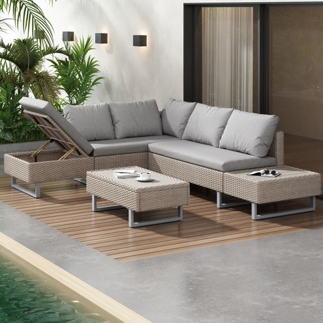 Tumbonas sofá de exterior modulares de ratán PE caqui con estructura de metal, mesa auxiliar y respaldo ajustable para 4-5 plazas (1/5)