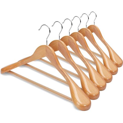 Lot de 6 cintres en bois à épaules larges, pour costumes, avec barre antidérapante pour pantalons, finition lisse, crochet pivotant à 360°, bois massif de haute qualité pour robes, vestes, (1/5)