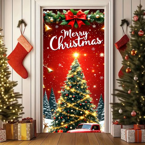 Nouvelle décoration de porte de Noël, motif Père Noël pour jardin, cour ou extérieur - 90 x 180 cm (perforée + ruban) - 42