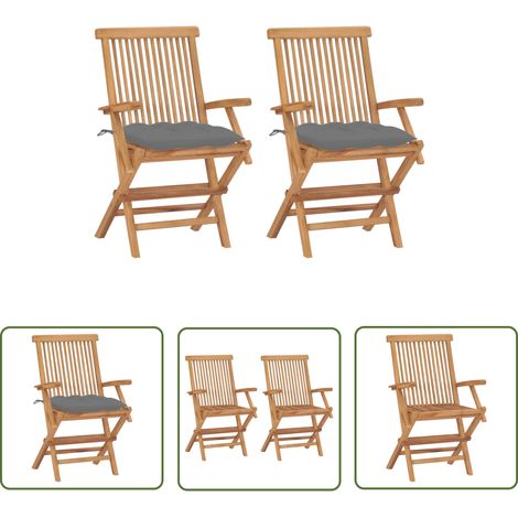 INLIFE Chaises de jardin avec coussins gris 2 pcs Bois de teck massif (1/5)
