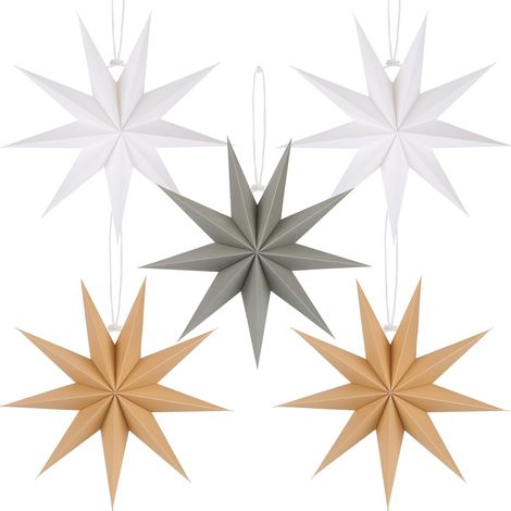 Set mit 5 grauen Papier-Weihnachtssternen, 30 cm, khakifarben, faltbar mit 9 Ecken, zum Aufhängen, weiß, für die Weihnachtstischdekoration