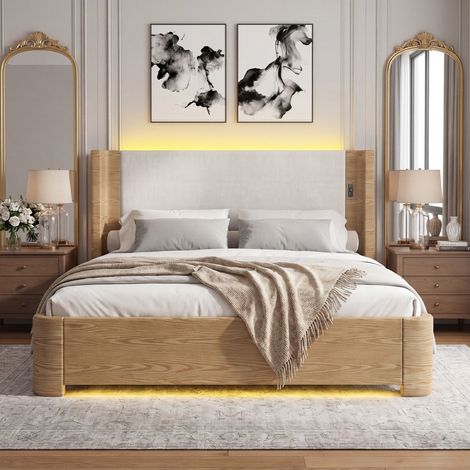 Lit double en bois 180 x 200 cm avec LED et Rangement hydraulique Lit coffre Coins arrondis sommier à lattes naturel et blanc (1/5)