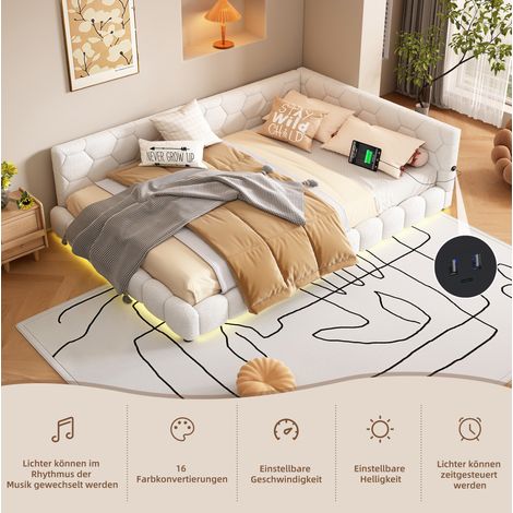 DESVIAE Lit de jour 140 x 200 cm avec sommier Ă lattes Ă©clairage LED 16 couleurs ports USB et Type C revĂȘtement effet velours blanc (1/5)