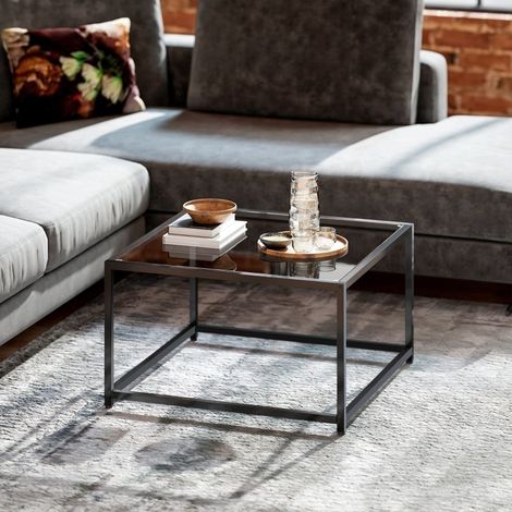 Table d'appoint carrée - 68x68x39 cm - Table basse avec plateau en verre trempé et pieds en acier pour salon - Noir (1/5)