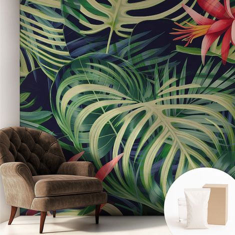 Papier peint intissé pour salon chambre à coucher peint imprimé Installation facile - Colle incluse gratuite Plantes exotiques 250x250 cm (1/5)