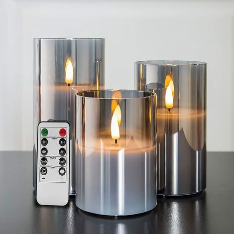 KZQ – Bougies LED sans flamme en verre gris argenté – Pack de 3 – Télécommande incluse – Hauteurs 4, 5 et 6 pouces (1/5)