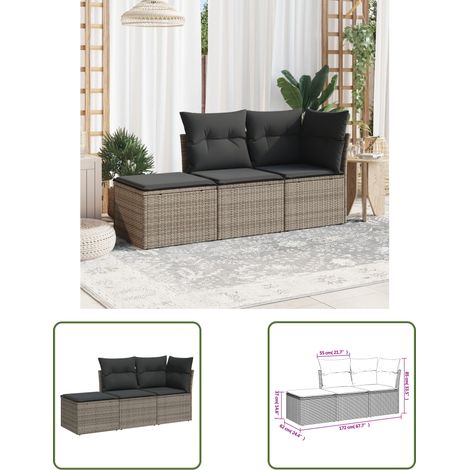 The Living Store Salon de jardin avec coussins 3 pcs gris résine tressée - Ensemble Salon De Jardin - Mobilier De Jardin - Canapé Extérieur - Chaise Lounge - Pouf Pliable