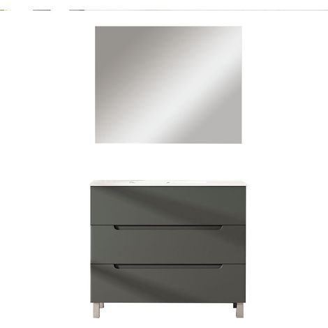 Kibath Mueble de baño con Lavabo, Espejo y Aplique LED VICTORIA 100x45 cm acabado GRAFITO mate 3 cajones con patas (1/5)