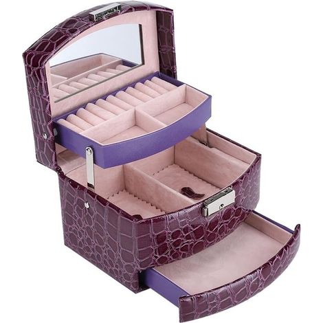 Eine dreistöckige Schmuckaufbewahrungsbox mit Spiegel und Griff geeignet zur Aufbewahrung von Halsketten, Ringen, Anhängern oder Broschen (lila). (1/5)