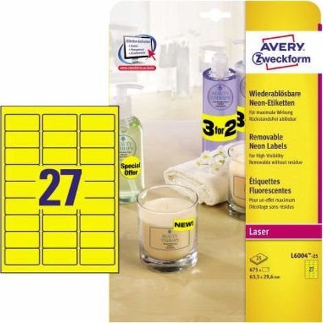Neonetikett 63,5 x 29,6 mm (B x H) wieder ablösbar neongelb 675 Etik./Pack. (1/5)