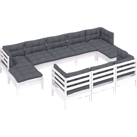 vidaXL Set Divani da Giardino 10 pz con Cuscini Bianchi Legno di Pino (1/4)