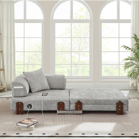 Canapé-lit pliant 2-en-1 avec ports USB/Type-C et rangement. Accoudoirs compacts pour petits espaces,chambre d’amis et mezzanine gris clair. (1/5)