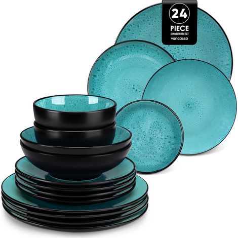 Service de Table pour 6 Personnes, Service Vaisselle 24 Pièces en Grès - 6 Assiettes Plates, 6 Assiettes à Dessert, 6 Assiettes Creuses et 6 Bols - Glaçure Vert, Compatible Micro-Ondes (1/5)