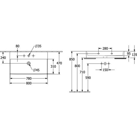 Bac rectangulaire VB WT Memento 2.0 800x470mm avec trop-plein. Dessous fermé. Nous Alpin cplus