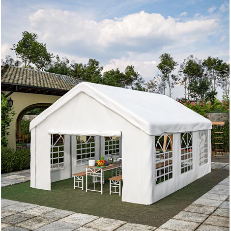 Garage tente voiture 601x400x281 cm blanc en PE et fer avec double accès, ventilation et protection toutes saisons (1/5)