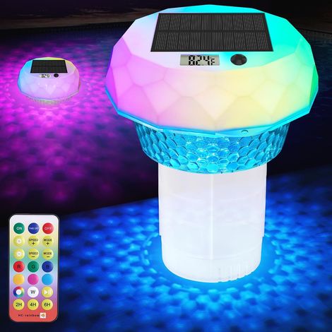 Flotteur de chlore de piscine à énergie solaire avec thermomètre numérique et lumière LED, distributeur de chlore flottant pour tablettes de chlore de 7,6 cm (tablettes non incluses), thermomètre de (1/5)