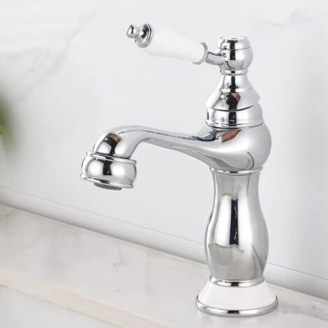 Mitigeur de Lavabo Européen Chromé – Monotrou Eau Chaude et Froide, Poignée en Céramique, Corps en Laiton, Cartouche Durable, Raccord G1/2 avec Flexibles