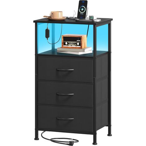 Somdot – Table de Chevet LED avec Station de Charge – Dimensions 30 x 40 x 72 cm – 3 tiroirs en Tissu – Noir
