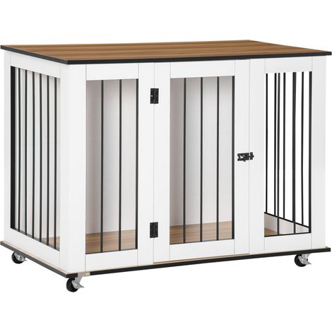 Dog Crate Furniture, Dog Cage End Table, with Wheels, for Large Dogs, 106 x 60 x 82 cm  - White