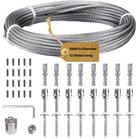 Support pour Plantes Grimpantes, 12m Kit Treillis Fil, 3 mm Corde en Acier Inoxydable Kit avec 8 Supports Muraux pour Vignes Fleurs Légumes (1/5)