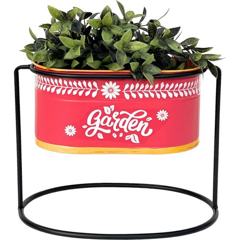 DanDiBo Blumenhocker mit Topf Metall Stehend Rot Oval 24 cm Blumenständer 96526 S Blumensäule Modern Pflanzenständer Pflanzgefäß