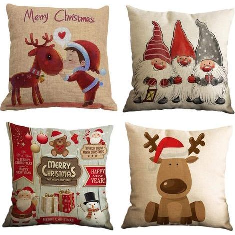 AIDUCHO Taie D'oreiller, Lot De 4 En Coton Et Coton Noël Wapiti Le Père Noël Bonhomme De Neige Nain Imprimé Housse De Coussin Carré Pour Lit Voiture De La Maison Canapé 45 X 45 Cm (Set-G) (1/5)