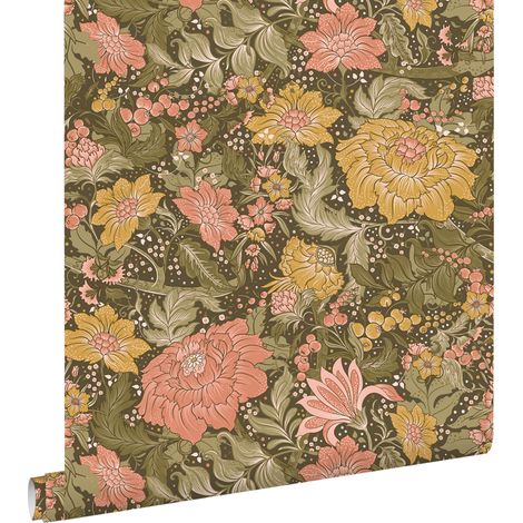 papier peint fleurs vintage vert olive grisé, rose et jaune ocre - ESTAhome (1/5)