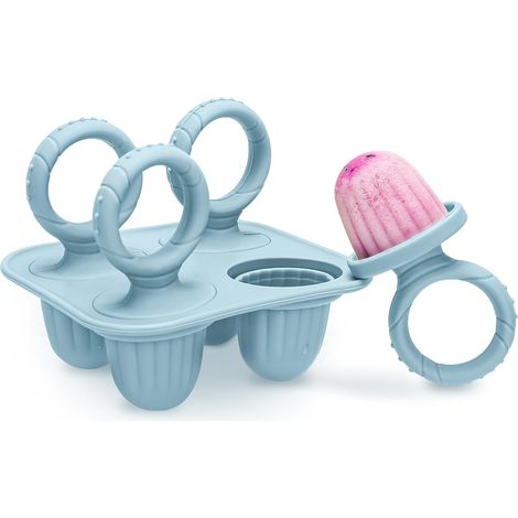 4 Mini Moule à Glace Bébé Réutilisable, 4 Pochons en Silicome Alimentaire Sans BPA, Moules à Popsicle Enfant avec Bâtonnets, Compatible Lave-vaisselle, pour Popsicles, Crèmes Glacées, Sorbets (Bleu) (1/5)