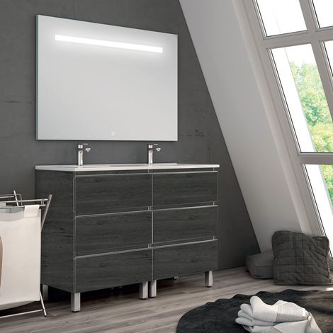 Meuble de salle de bain double vasque - 6 tiroirs - ebony (bois noir) - PALMA et miroir Led STAM - 120cm (1/4)