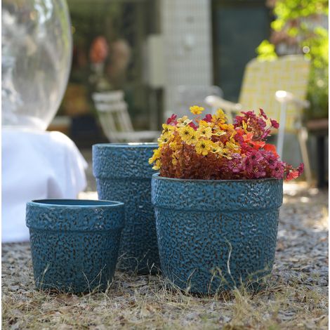 Vaso per piante in ceramica con drenaggio blu OKMYHOME (1/5)