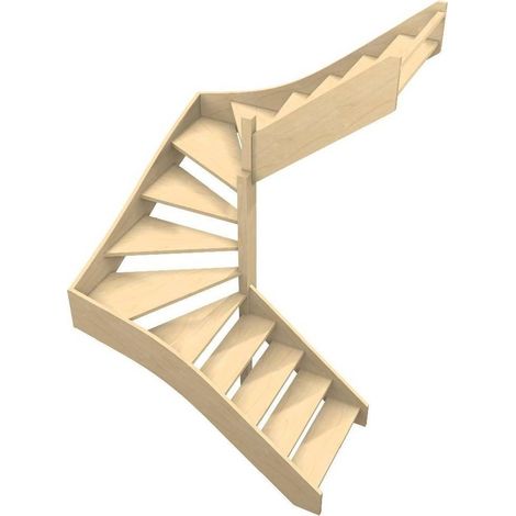 Levigne – Escalier double quart tournant hêtre lamellé-collé 160x160 cm – 14 marches + nez de palier – Largeur 80 cm – Sans rampe (1/2)