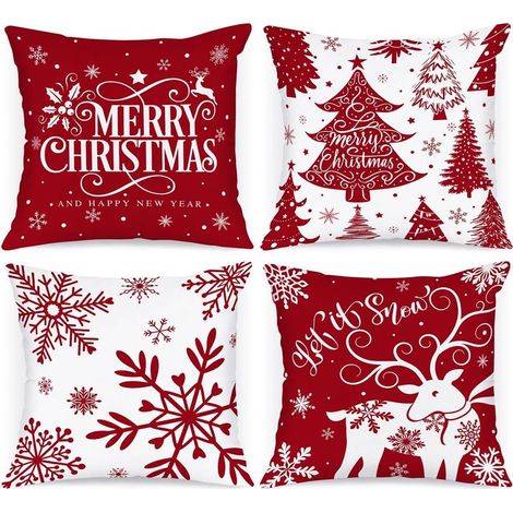 (Rouge) Lot de 4 Blanc et Rouge Housse de Coussin Noel 45x45 cm, Taie d'oreiller Hiver Flocon de Neige Parure de Oreiller de Décoration de Lit Noel Deco pour Chambres Canapé Noël Decoration (1/5)