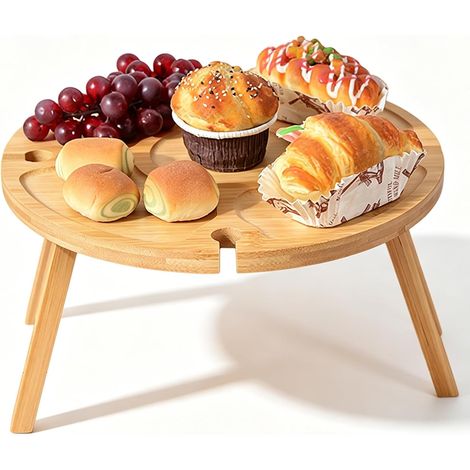 Table de Pique-Nique Pliante en Bois Table à Vin Portable 30x30x16 cm avec Support pour 4 Verres Table de Camping Bambou Ronde pour Jardin Plage Voyage (1/5)