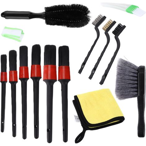 Kit de 14 brosses de detailing auto, chiffons microfibre pour nettoyage jantes, habitacle, tableau de bord et moteur (1/5)